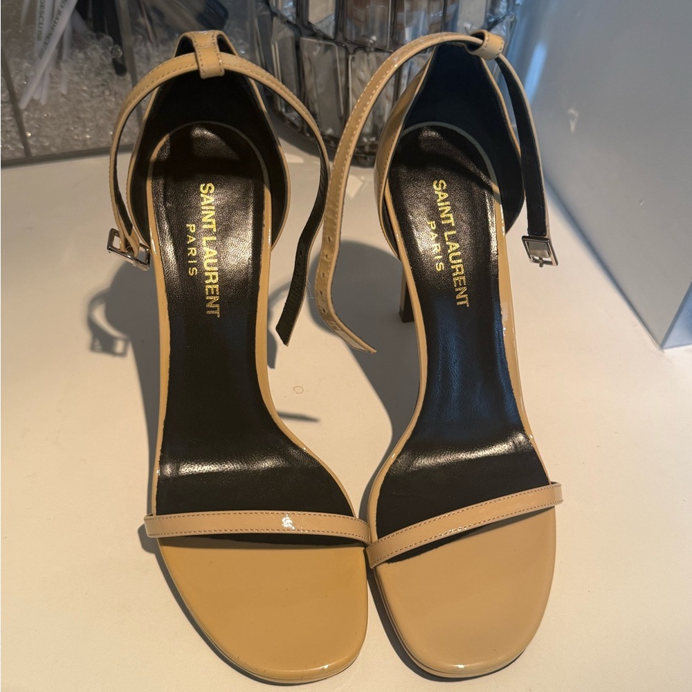 Saint Laurent Beige Ankle-Strap Leather Heels